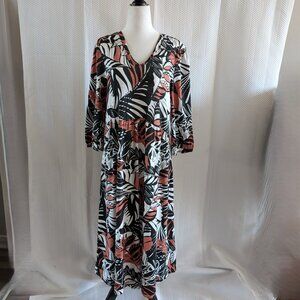 𝅺Olsen 100 % Cotton dress tropical leaf pattern Midi Size Medium 10 Lagenlook